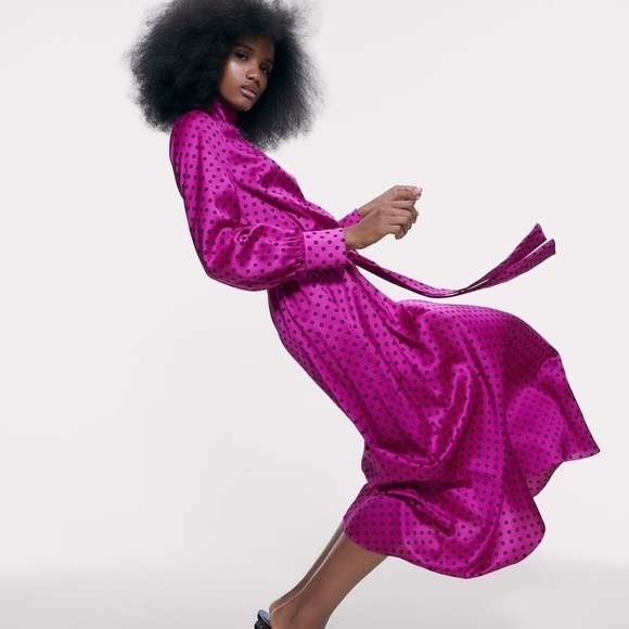 NWT ZARA POLKA DOT FUCHSIA SMALL DATE NIGHT MIDI DRESS - Picture 1 of 8